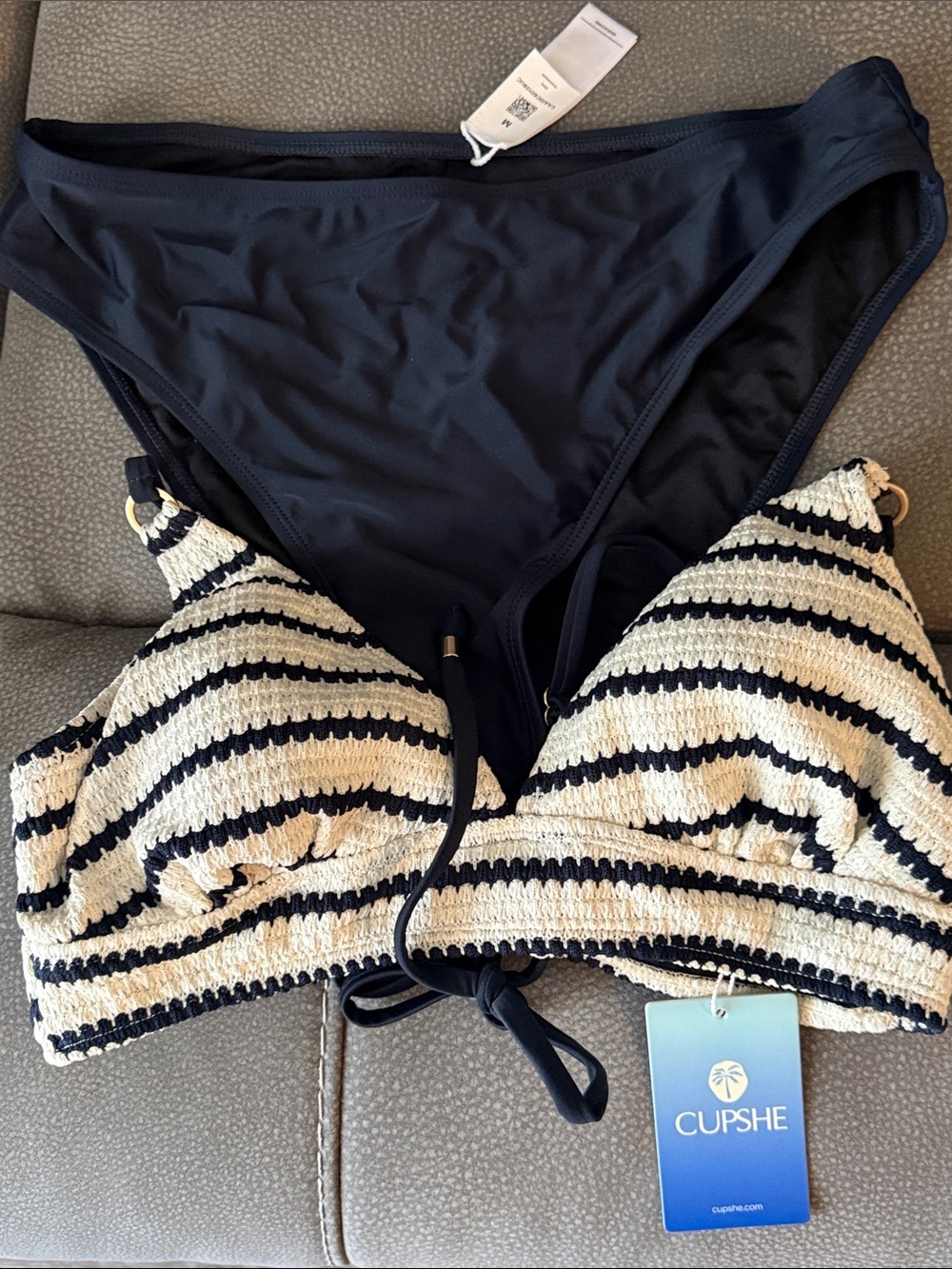 Cupshe Navy & White Striped Crochet Bikini Set - Picture 4 of 6